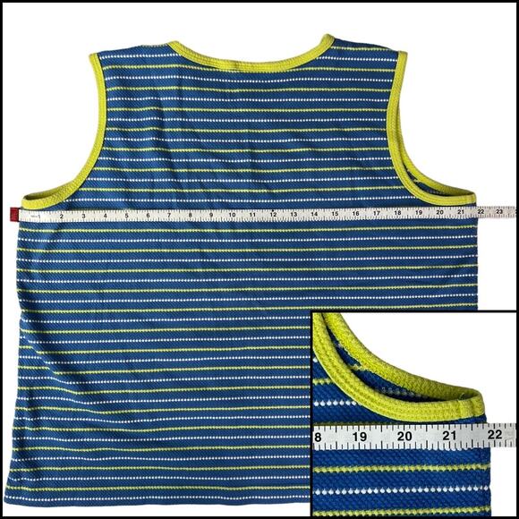 Ladies Blue Summer Knit Tank Top White & Yellow Stripes Contrasting Yellow Trim - Picture 11 of 13